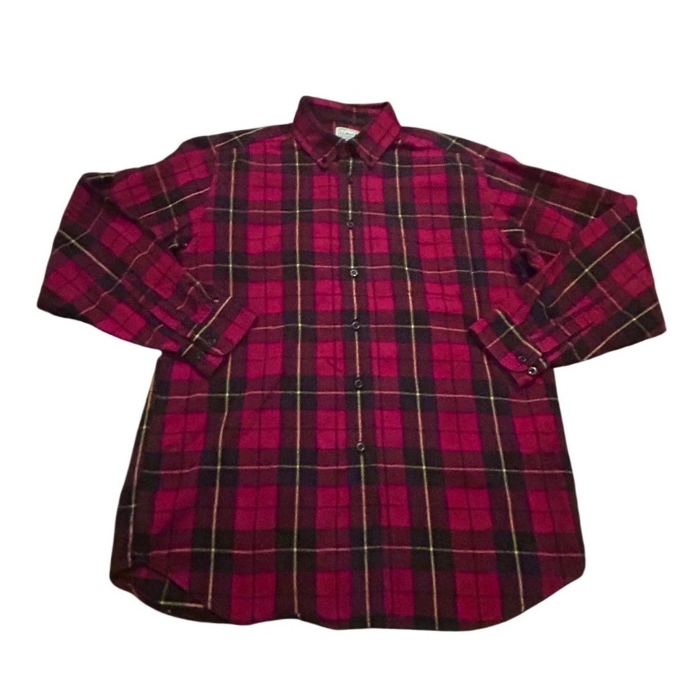 LL Bean Flannel Button Down Men's Medium Red Black Plaid Excellent Long Sleeve